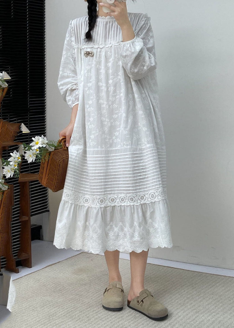 White Embroidered Ruffled Patchwork Wrinkled Cotton Maxi Dress Long Slee Bv030