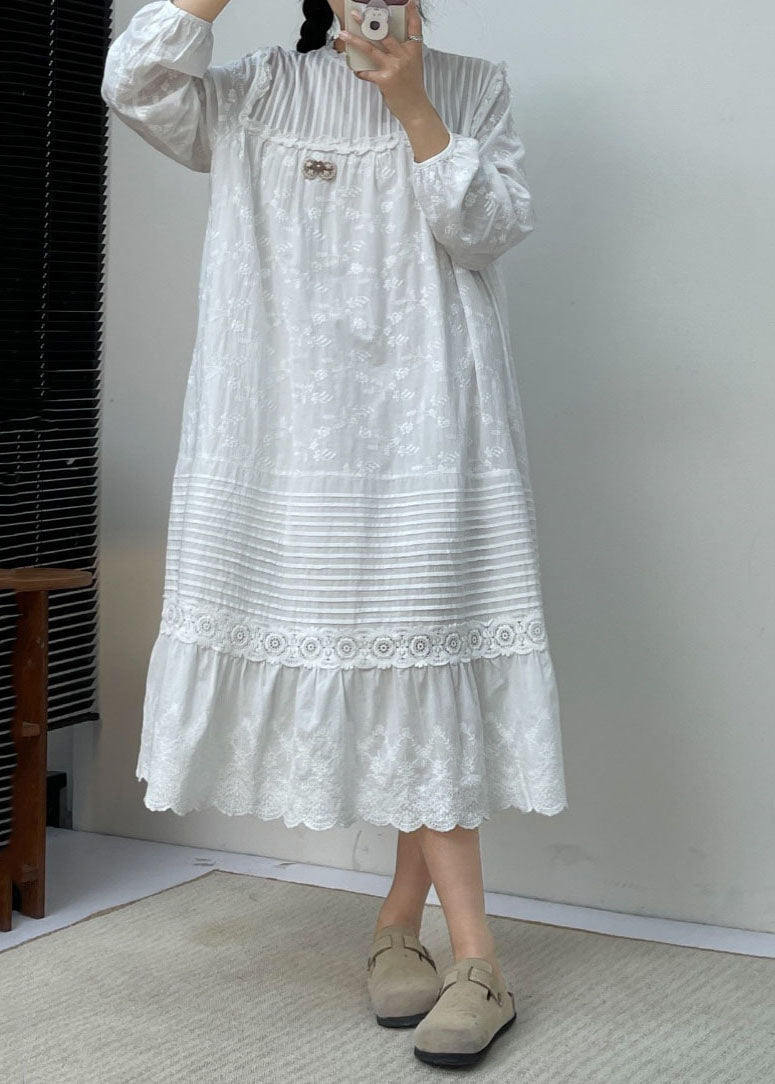 White Embroidered Ruffled Patchwork Wrinkled Cotton Maxi Dress Long Slee Bv030