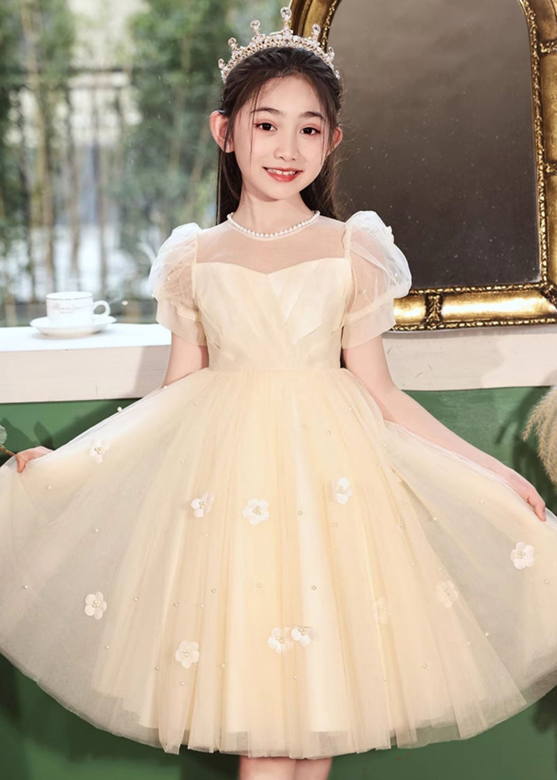 White Embroideried Patchwork Tulle Long Dresses Short Sleeve Xz027