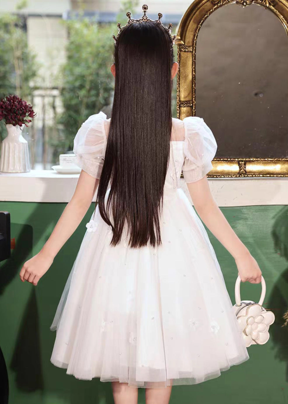 White Embroideried Patchwork Tulle Long Dresses Short Sleeve Xz027