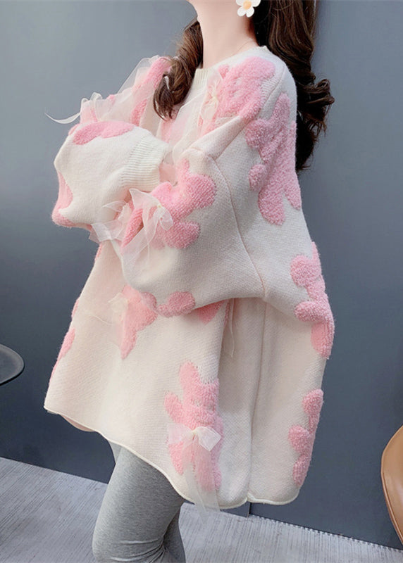 White O-neck Bow Little Bear Cotton Knit Sweater Winter Rk008