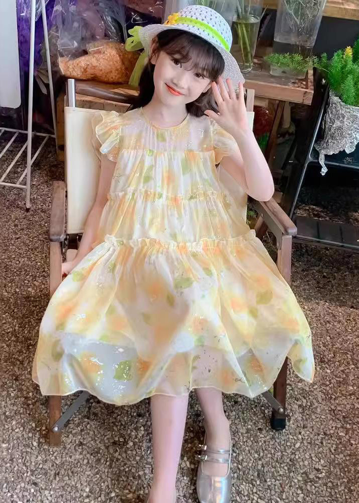 Yellow O-neck Ruffled Chiffon Long Dress Summer Tt021