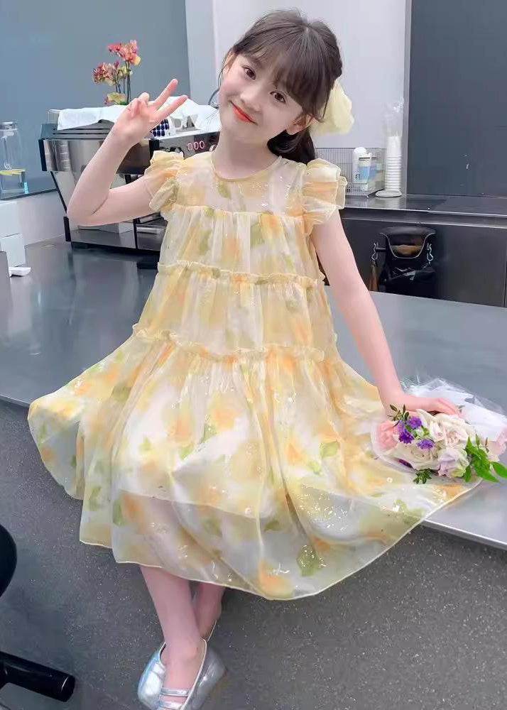 Yellow O-neck Ruffled Chiffon Long Dress Summer Tt021