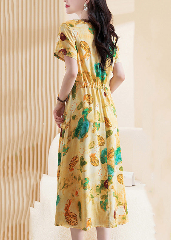 Yellow Print Tie Waist Maxi Dresses Short Sleeve Vb1019