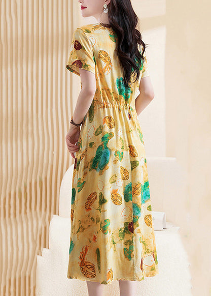 Yellow Print Tie Waist Maxi Dresses Short Sleeve Vb1019