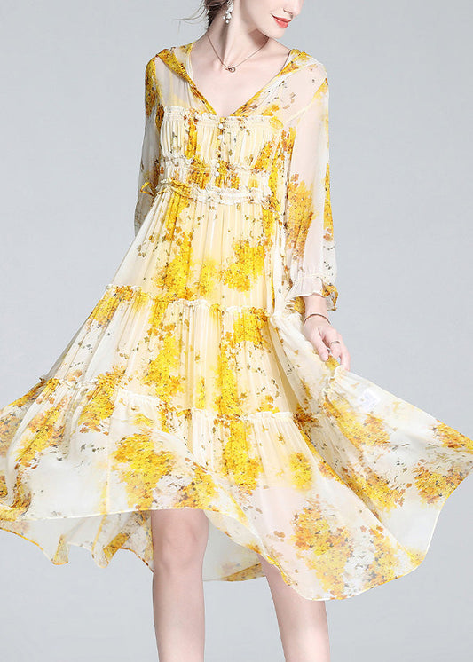 Yellow V Neck Print Patchwork Button Silk Long Dress Ac3064
