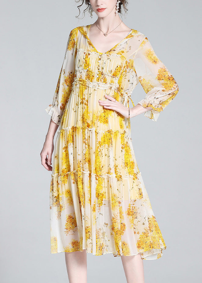 Yellow V Neck Print Patchwork Button Silk Long Dress Ac3064