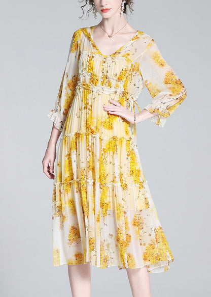 Yellow V Neck Print Patchwork Button Silk Long Dress Ac3064