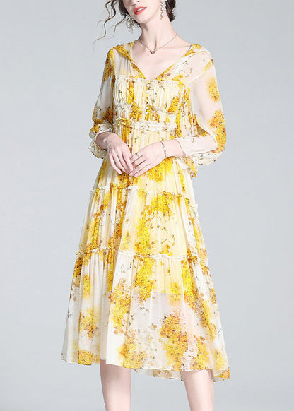 Yellow V Neck Print Patchwork Button Silk Long Dress Ac3064