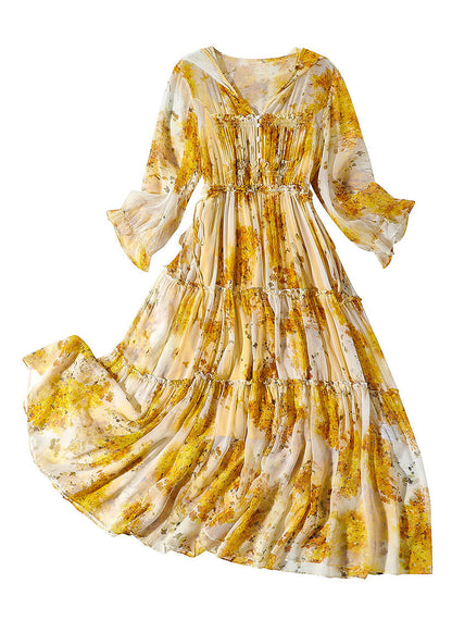 Yellow V Neck Print Patchwork Button Silk Long Dress Ac3064
