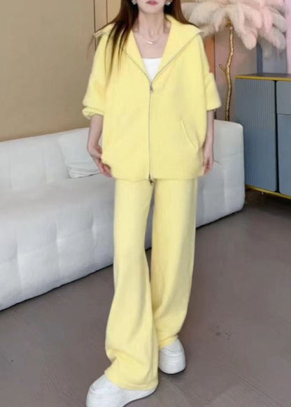 Yellow Zippered Cotton Knit Coats and Wide Leg Pants Two Pieces Set Winter Rf029