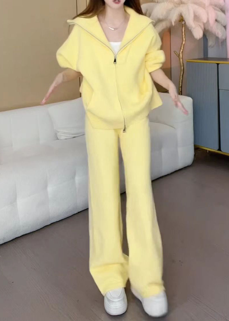 Yellow Zippered Cotton Knit Coats and Wide Leg Pants Two Pieces Set Winter Rf029