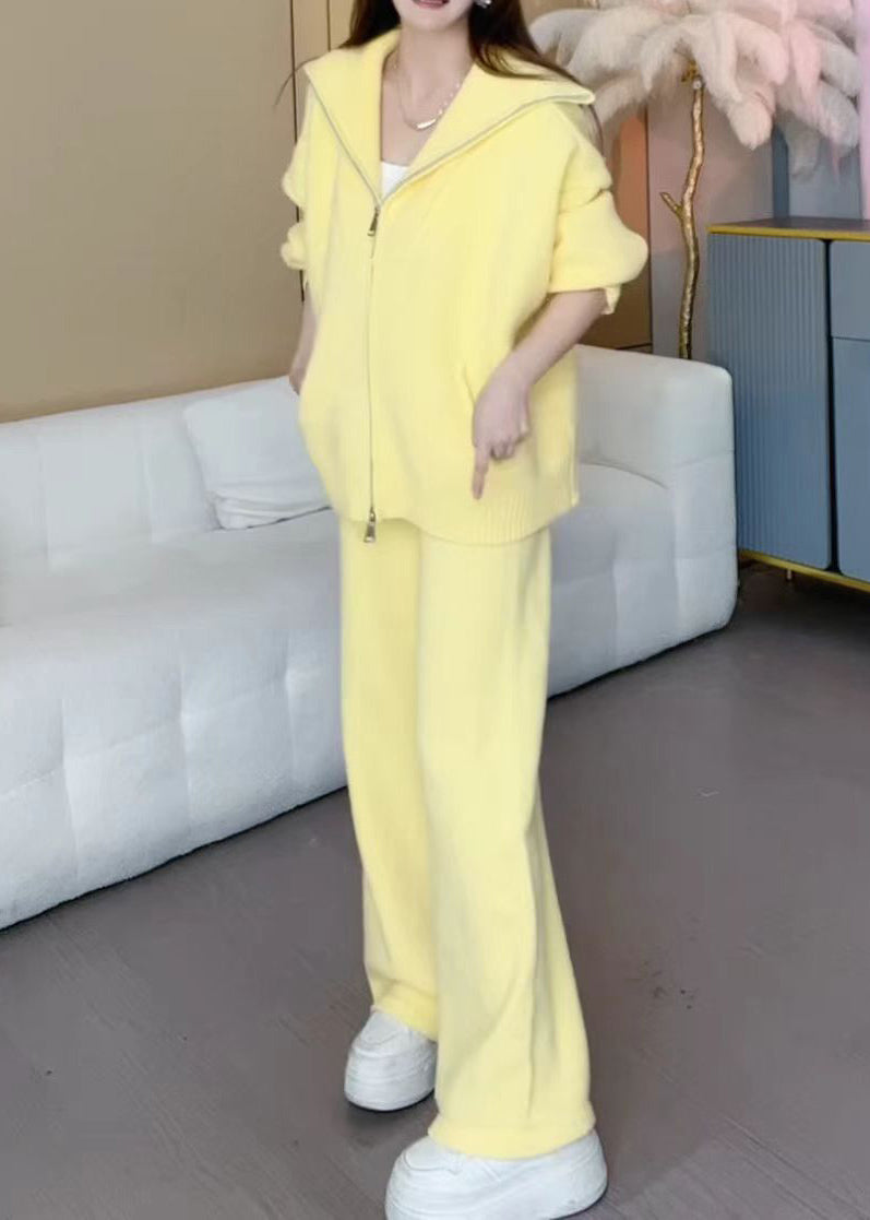 Yellow Zippered Cotton Knit Coats and Wide Leg Pants Two Pieces Set Winter Rf029