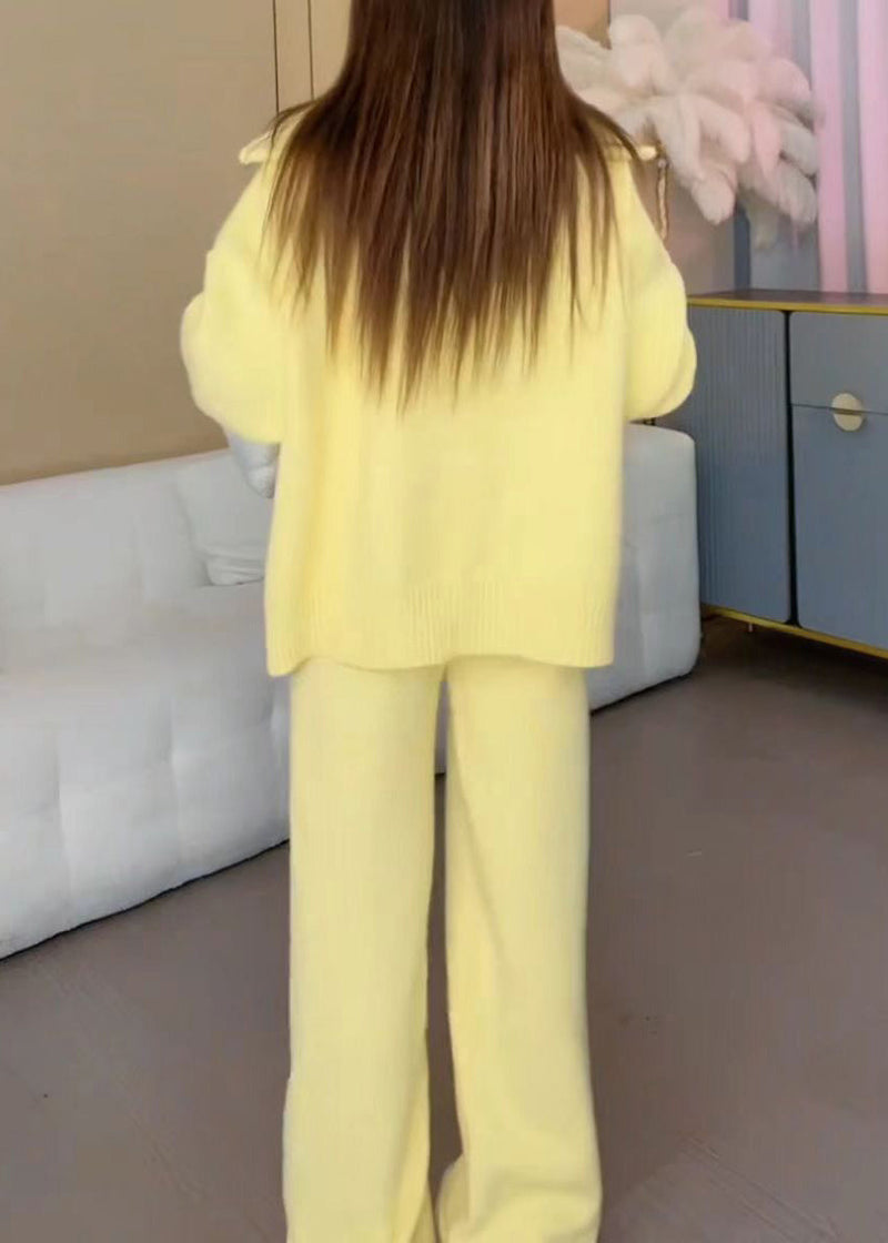 Yellow Zippered Cotton Knit Coats and Wide Leg Pants Two Pieces Set Winter Rf029