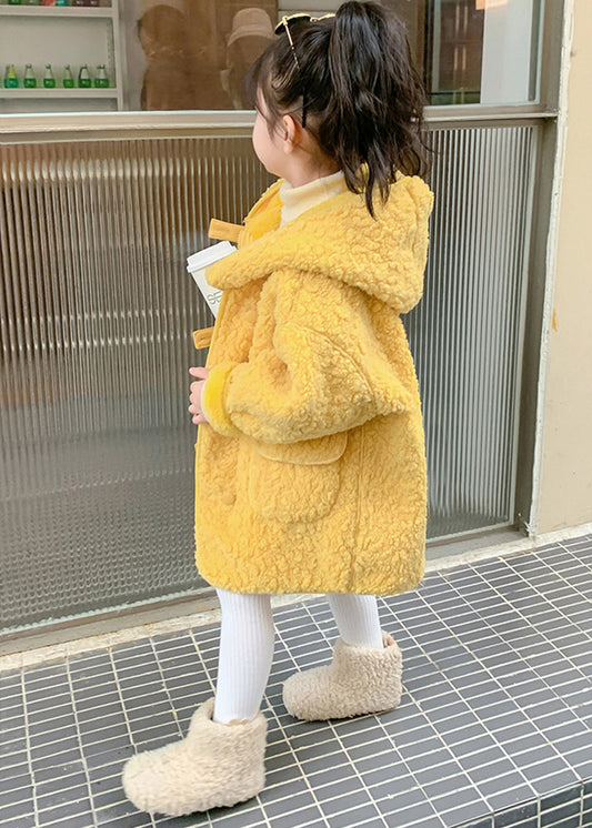 Yellow Zippered Patchwork Kids Faux Fur Long Coat Winter Wl029