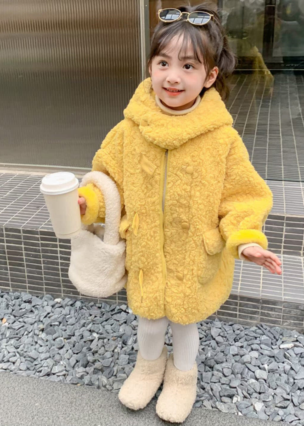 Yellow Zippered Patchwork Kids Faux Fur Long Coat Winter Wl029