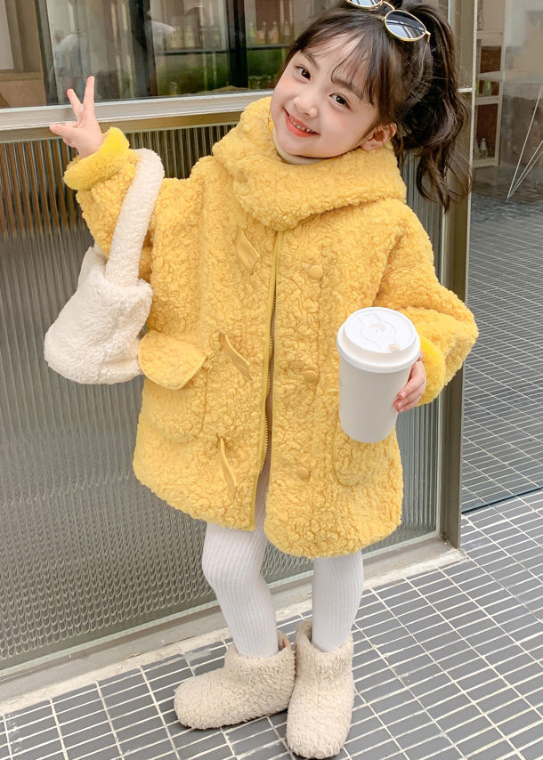 Yellow Zippered Patchwork Kids Faux Fur Long Coat Winter Wl029