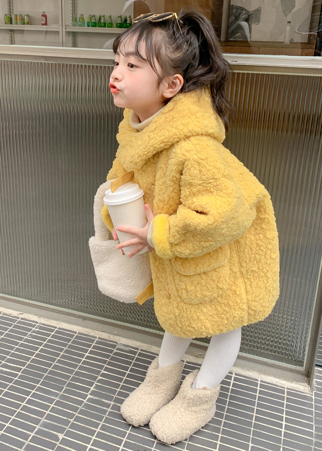 Yellow Zippered Patchwork Kids Faux Fur Long Coat Winter Wl029
