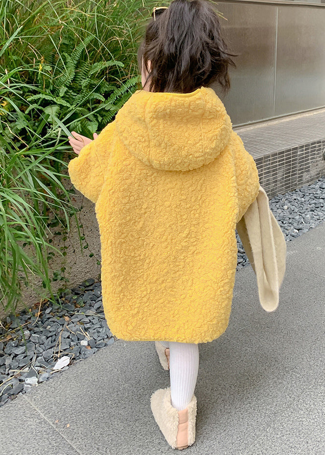 Yellow Zippered Patchwork Kids Faux Fur Long Coat Winter Wl029