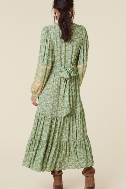 Puff Long Sleeve V-neck Drapped Midi Dress Green
