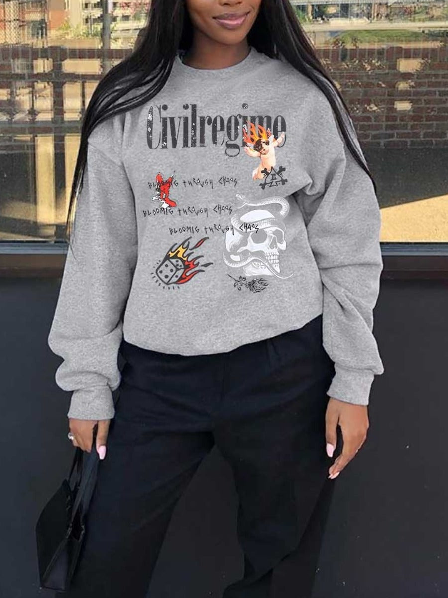 Skull Head Letter Print Loose Sweatshirt Bo5087