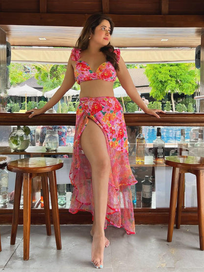 Print Ruffle Bikini Set With Skirt