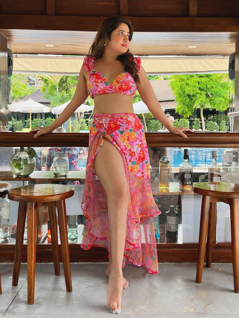 Print Ruffle Bikini Set With Skirt