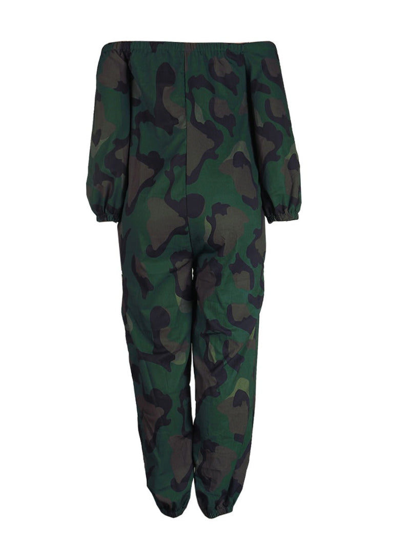 Off the Shoulder Camo Print Cut Out Jumpsuit Ar5022