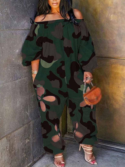 Off the Shoulder Camo Print Cut Out Jumpsuit Ar5022