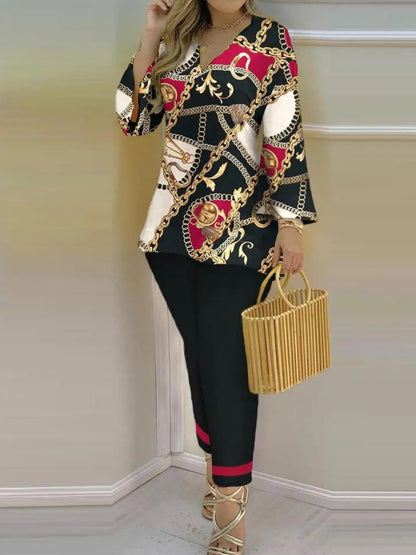 V Neck Chain Print Pants Set Ac2068