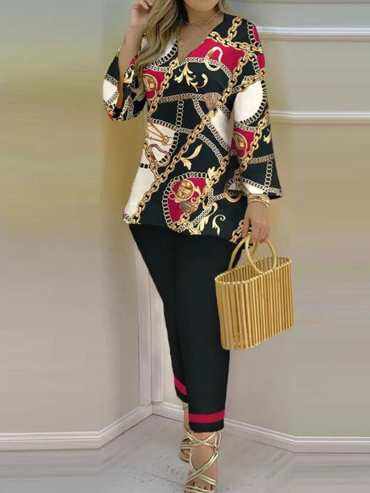 V Neck Chain Print Pants Set Ac2068