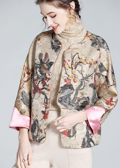 Diy Apricot O-neck Embroideried Patchwork Chinese Button Silk Coats Spring Ly0145