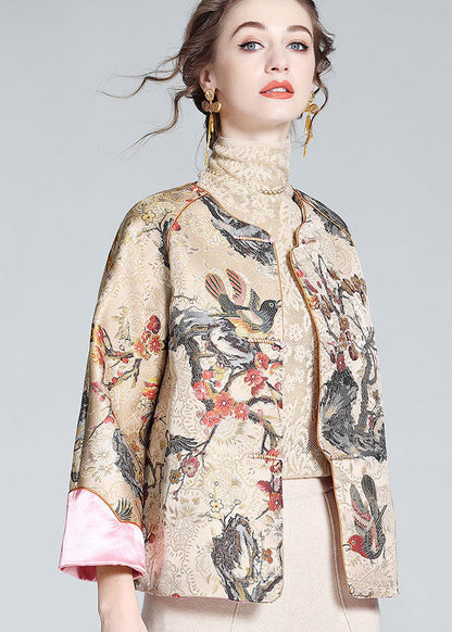 Diy Apricot O-neck Embroideried Patchwork Chinese Button Silk Coats Spring Ly0145