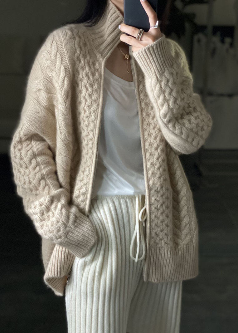 Diy Beige Zip Up Woolen Knitted Tops Coat Oo016