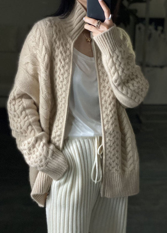 Diy Beige Zip Up Woolen Knitted Tops Coat Oo016