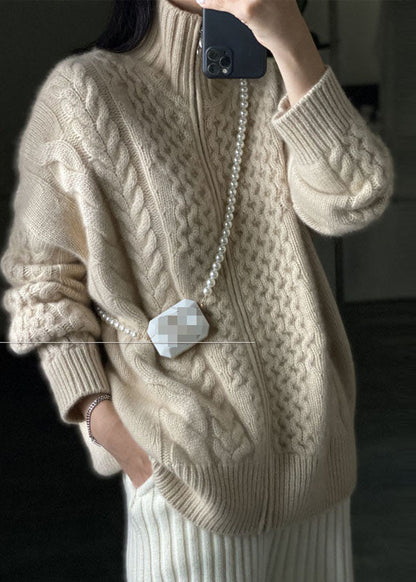 Diy Beige Zip Up Woolen Knitted Tops Coat Oo016