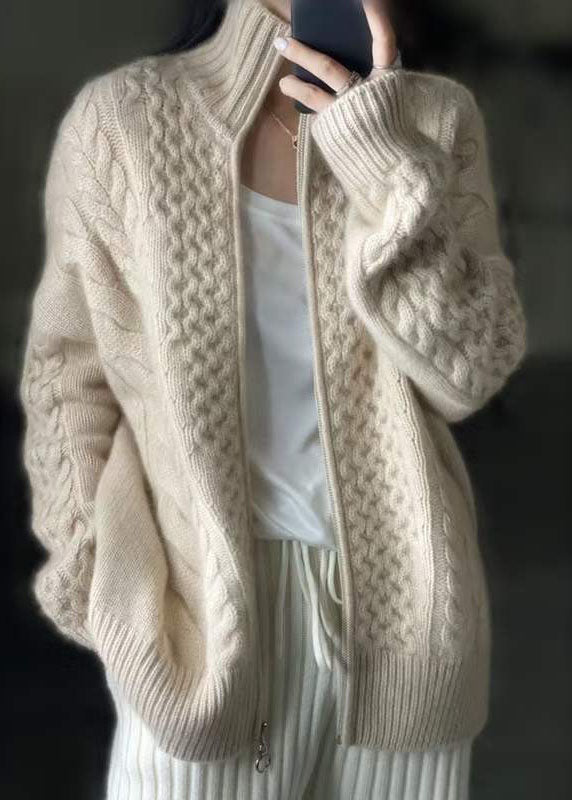 Diy Beige Zip Up Woolen Knitted Tops Coat Oo016