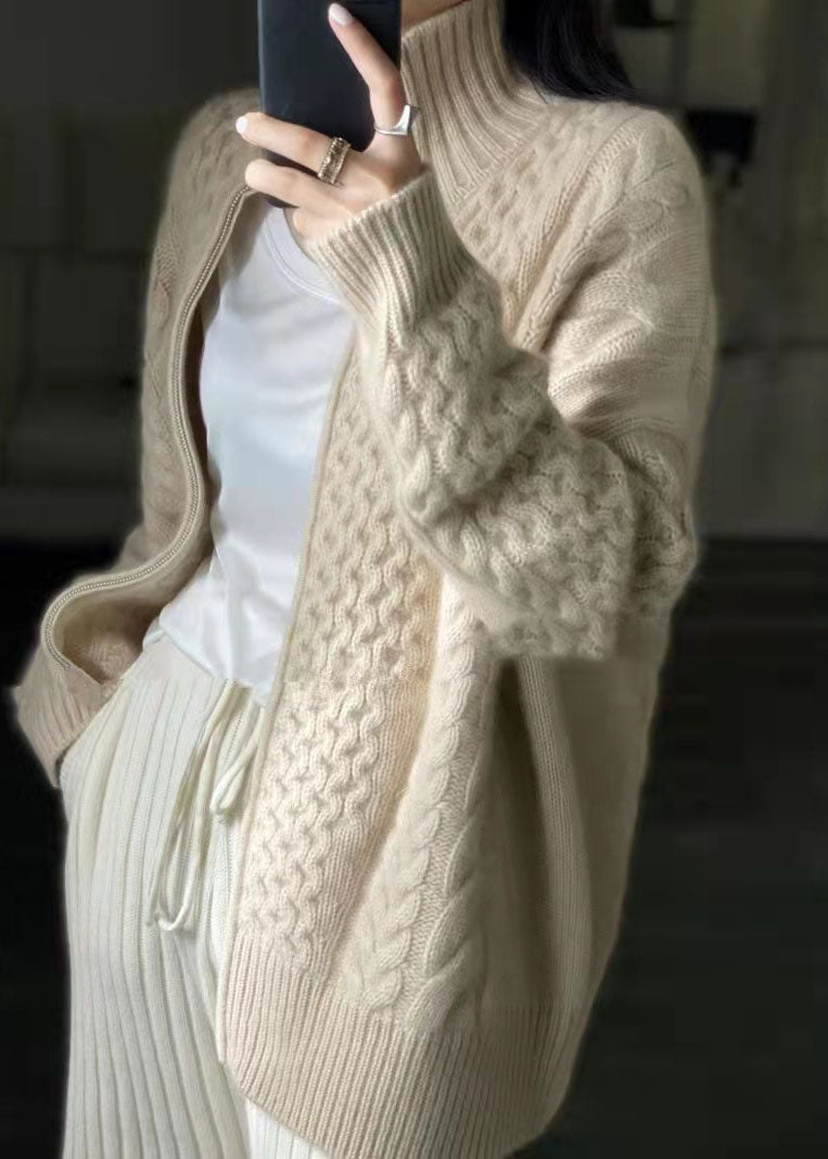Diy Beige Zip Up Woolen Knitted Tops Coat Oo016
