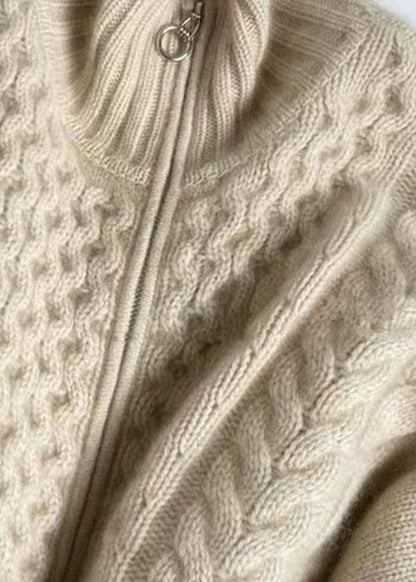 Diy Beige Zip Up Woolen Knitted Tops Coat Oo016