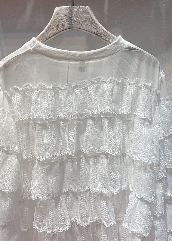 White O Neck Ruffled Layered Patchwork Lace Blouses Long Sleeve