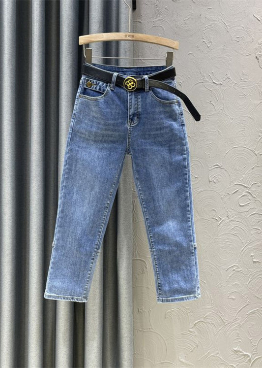 Diy Denim Blue High Waist Sashes Crop Pants Summer Ty1070