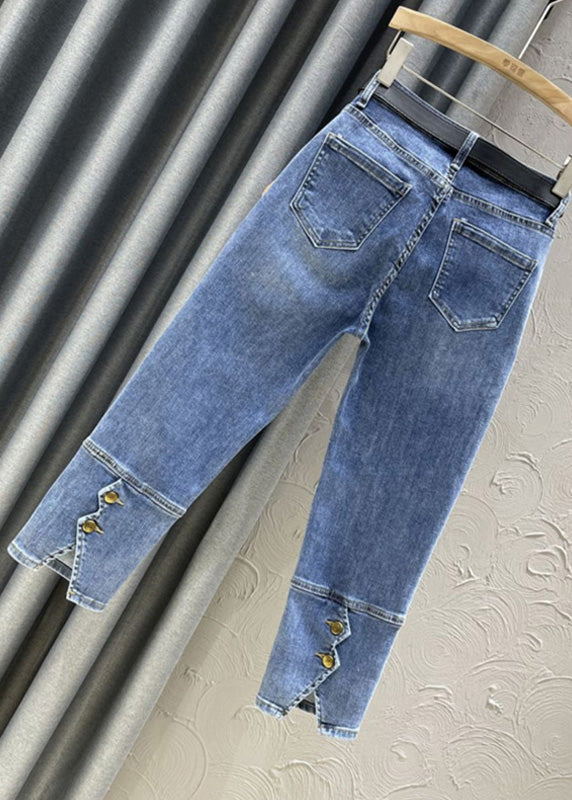 Diy Denim Blue High Waist Sashes Crop Pants Summer Ty1070