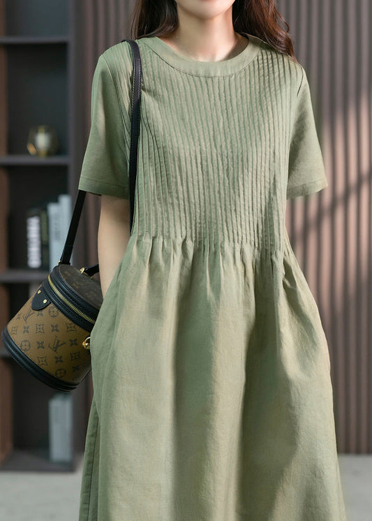 Diy Green O-neck Wrinkled Linen Maxi Dress Short Sleeve Ly1763