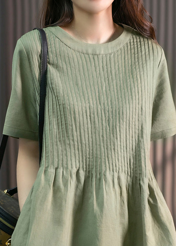 Diy Green O-neck Wrinkled Linen Maxi Dress Short Sleeve Ly1763