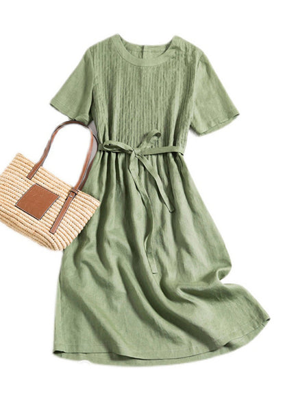 Diy Green O-neck Wrinkled Linen Maxi Dress Short Sleeve Ly1763