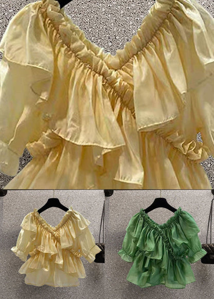 Yellow Patchwork Chiffon Blouses Ruffled V Neck Summer Ly0613