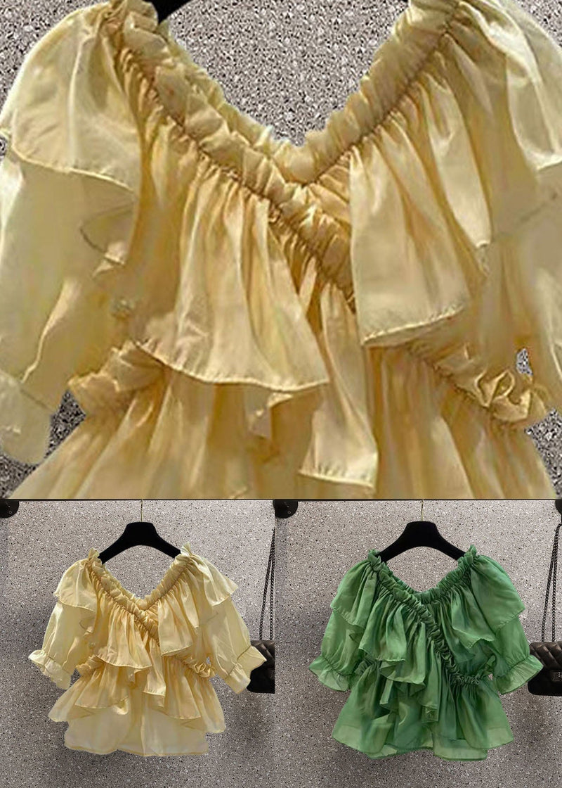 Yellow Patchwork Chiffon Blouses Ruffled V Neck Summer Ly0613