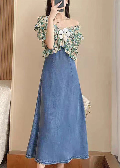 Diy Green Slash Neck Print Patchwork Denim Long Dress Short Sleeve Ty1086
