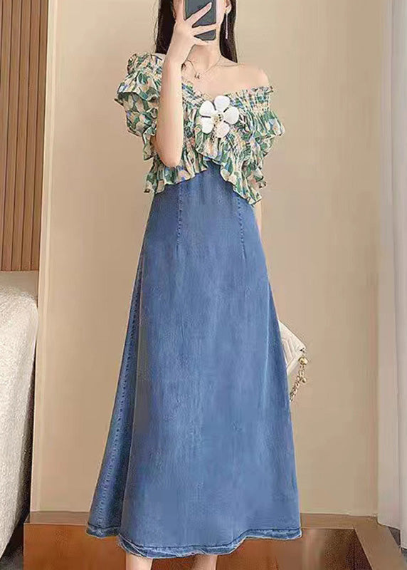 Diy Green Slash Neck Print Patchwork Denim Long Dress Short Sleeve Ty1086