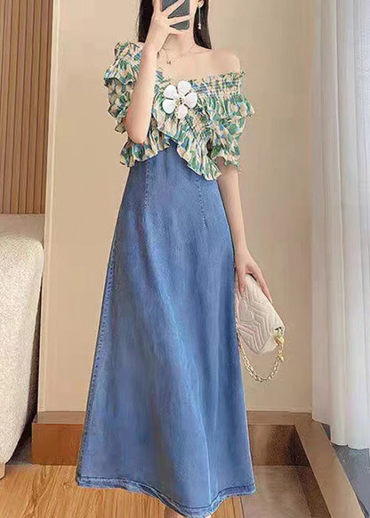 Diy Green Slash Neck Print Patchwork Denim Long Dress Short Sleeve Ty1086